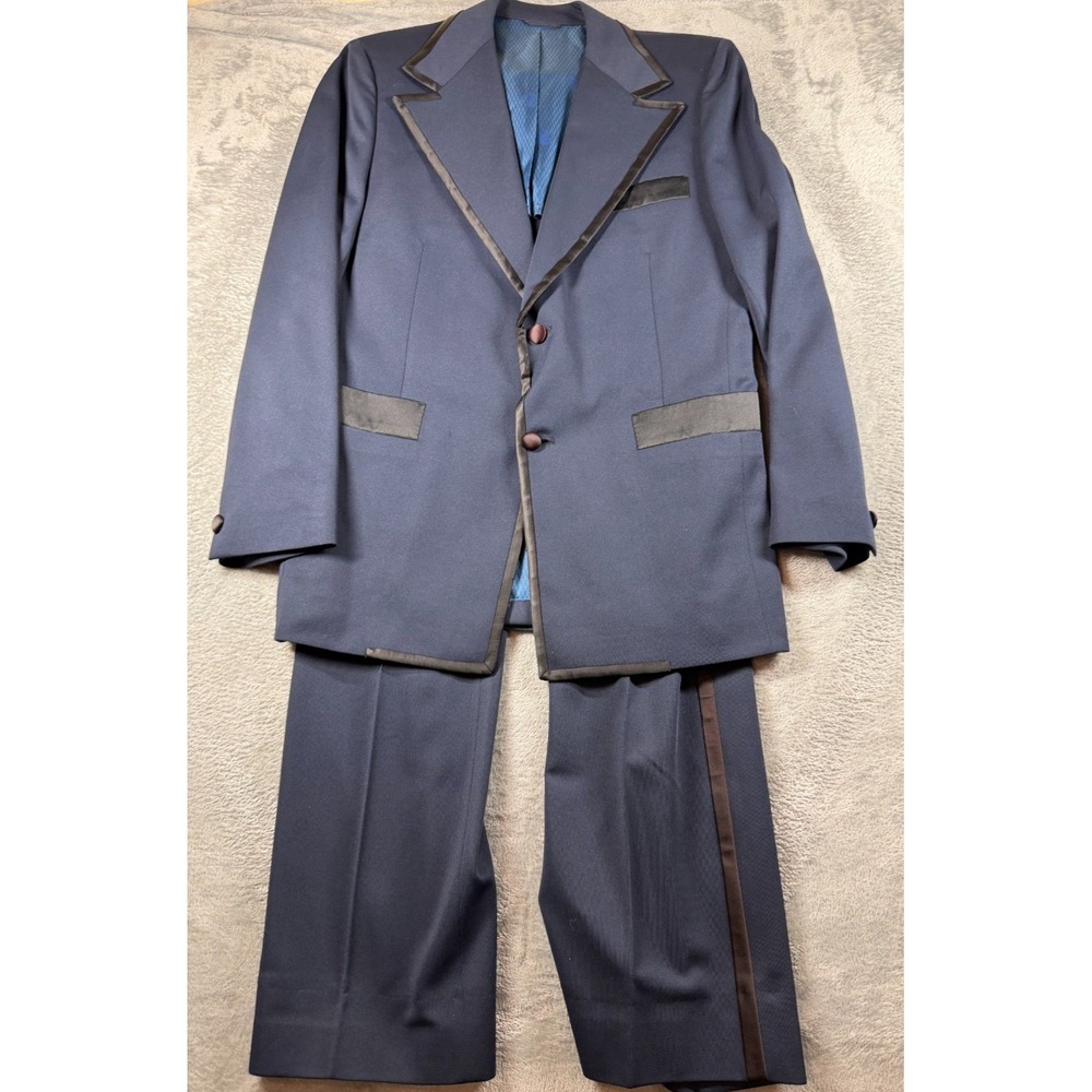 Vtg 70s Sears Men's Navy Blue Tuxedo Suit Bow Tie Disco 40R 31x33 USA